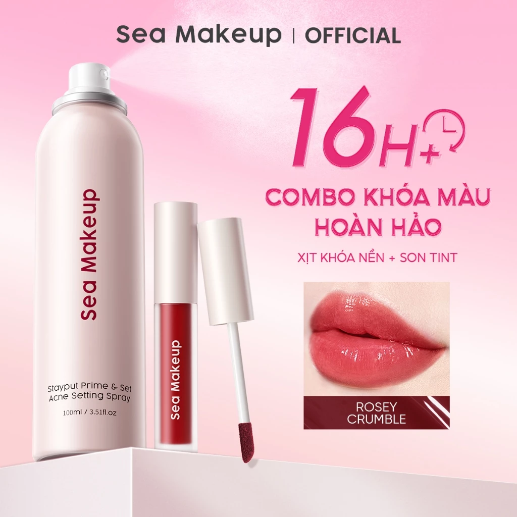 Combo 2 Xịt khoá nền Và Rosey Son tint môi Sea Makeup 100ml / 3.2g