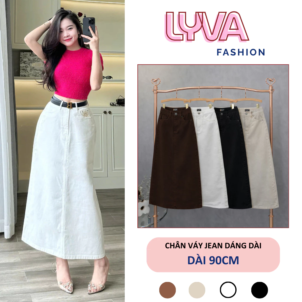 Chân váy jean nữ dáng dài chữ A công sở xẻ tà cạp cao che bụng tôn dáng bigsize - LyVa Fashion