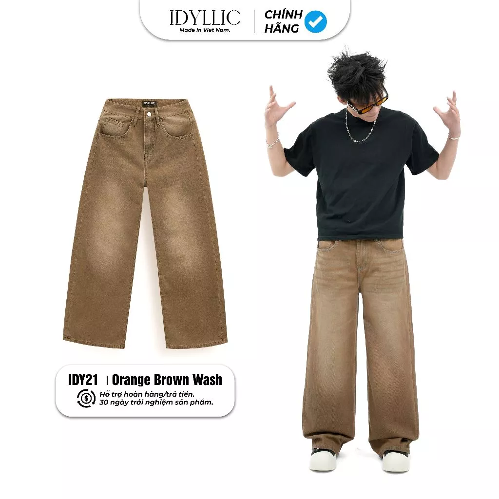 Quần Jean Ống Rộng IDYLLIC Nam Nữ Form Suông Nâu Brown Wash IDY21 Cotton  Phong Cách Streetwear