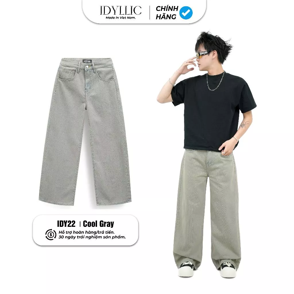 Quần Jean Ống Rộng IDYLLIC Nam Nữ Form Suông Màu Xám Cool Gray IDY22 Cotton  Phong Cách Streetwear