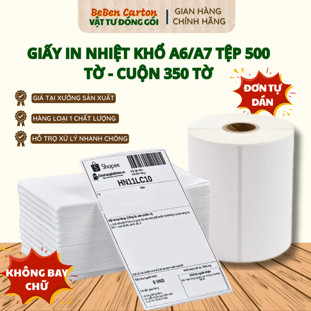 [Giá Sỉ] Giấy In Nhiệt A6, A7 Tệp 500 Tờ In Đơn TMĐT Tem Nhãn Vận Chuyển Sẵn Lớp Keo Dính - Bé Bền Carton