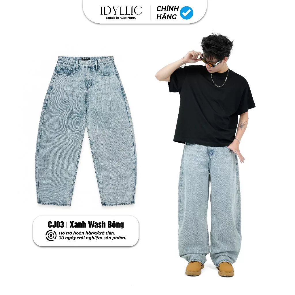 Quần Jean Ống Rộng,Cong IDYLLIC Nam Nữ  Xanh Wash Bông CJ03 Jean Cotton Đứng Form Phong Cách Streetwear
