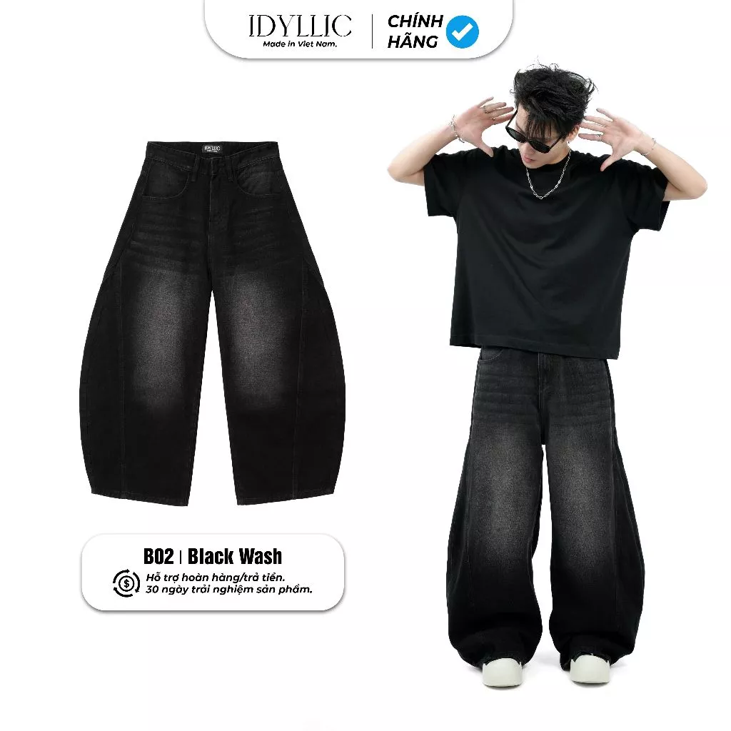 Quần Jean Ống Bí Nam Nữ IDYLLIC Form Rộng Màu Đen Wash B02 Streetwear Chất Jean Cotton  Thoải Mái