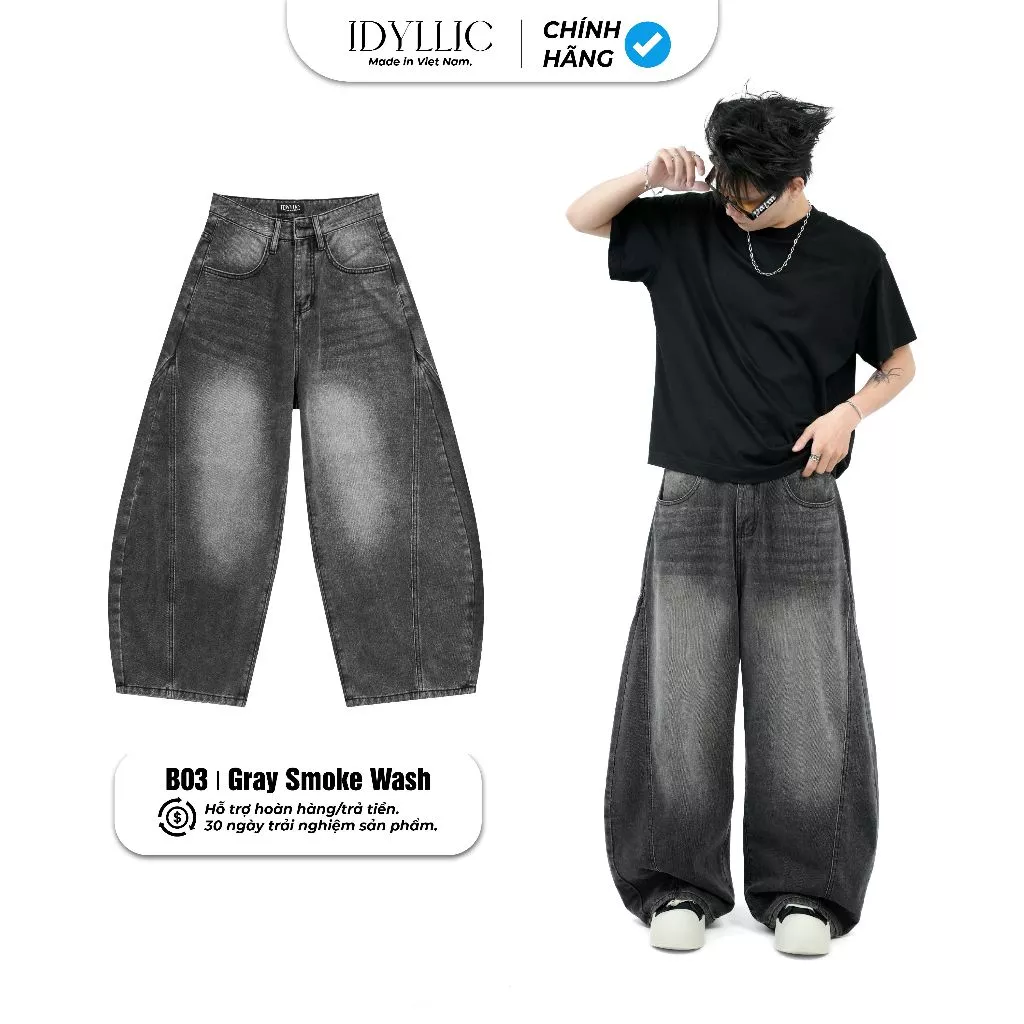 Quần Jean Ống Bí Nam Nữ IDYLLIC Form Rộng Màu Xám Wash Jean Cotton Dày Dặn Phong Cách Streetwear