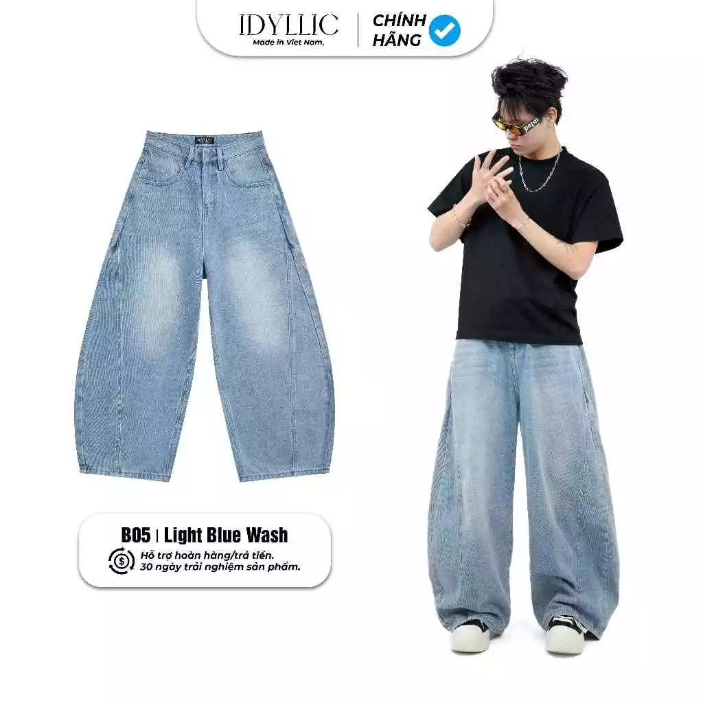 Quần Jean Ống Bí Nam Nữ IDYLLIC Form Rộng Xanh Blue Wash B05 Jean Cotton  Phong Cách Streetwear
