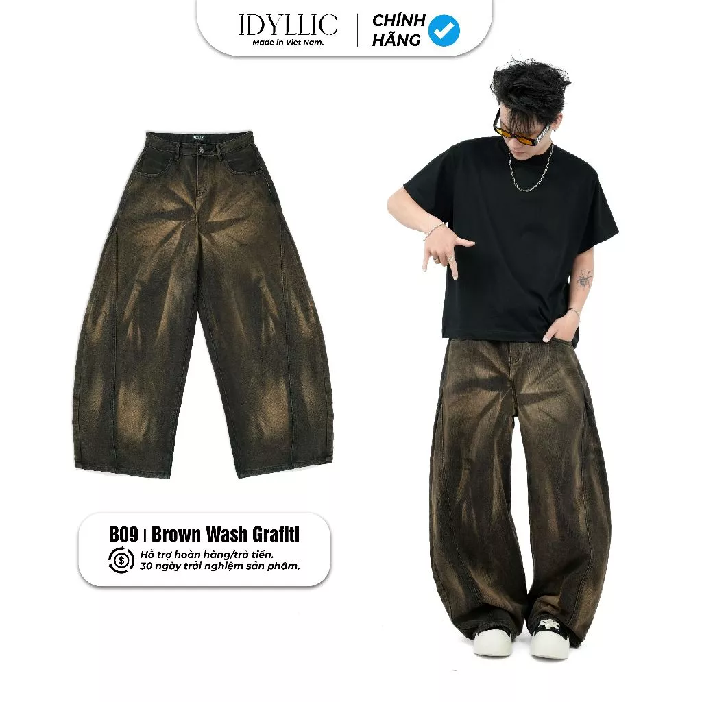 Quần Jean Ống Bí Nam Nữ IDYLLIC Form Rộng Nâu Brown Wash B09 Jean Cotton Phong Cách Streetwear