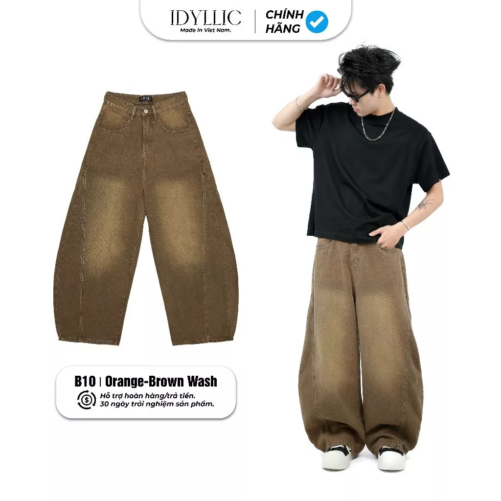 Quần Jean Ống Bí Nam Nữ IDYLLIC Form Rộng Nâu Brown Wash B10 Jean Cotton  Phong Cách Streetwear