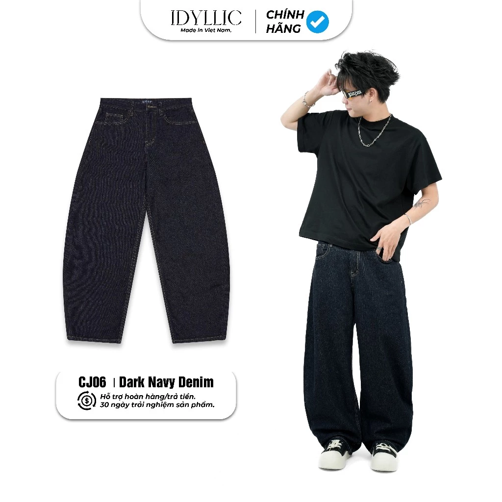 Quần Jean Ống Rộng,Cong IDYLLIC Nam Nữ Màu Raw Denim  Đứng Form Phong Cách Streetwear