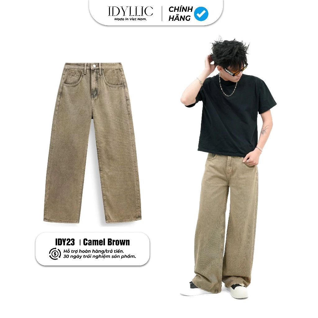 Quần Jean Ống Rộng IDYLLIC Nam Nữ Form Suông Nâu  Wash IDY23 Cotton Dày Dặn Phong Cách Streetwear