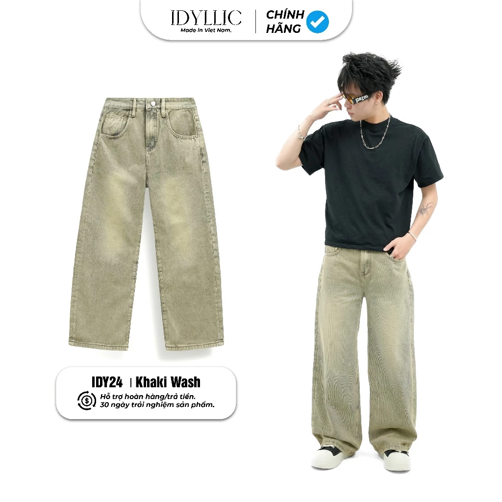 Quần Jean Ống Rộng IDYLLIC Nam Nữ Form Suông Nâu Vàng Wash IDY24 Cotton Phong Cách Streetwear