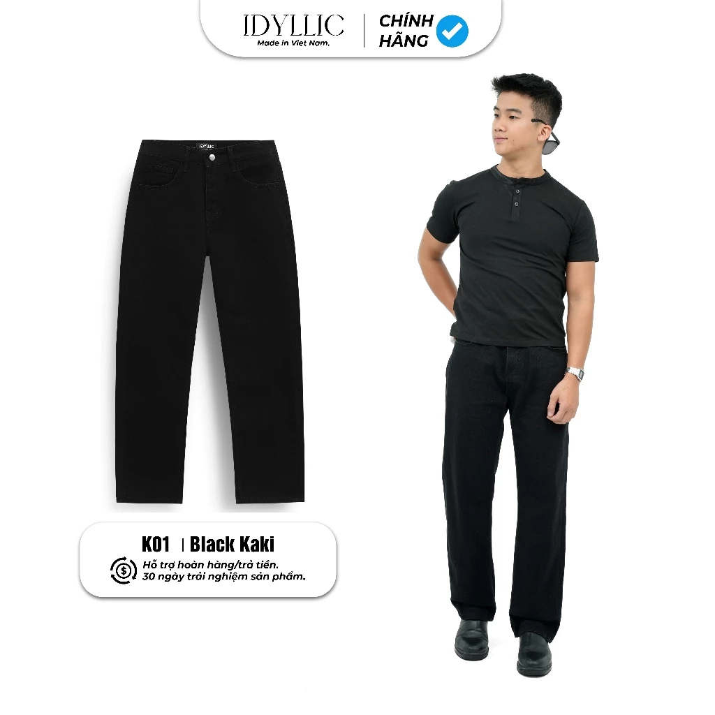Quần Kaki Denim Nam Nữ IDYLLIC Suông Đứng Màu Đen Tuyền K01 Kaki Denim  Form Tôn Dáng, Thanh Lịch