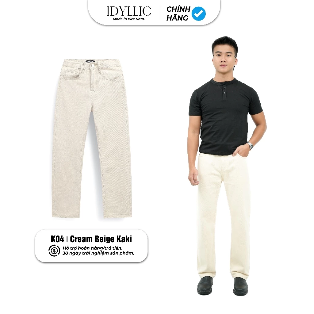 Quần Kaki Denim Nam Nữ IDYLLIC Suông Đứng Màu Be Kem K04 Kaki Denim  Form Tôn Dáng, Thanh Lịch
