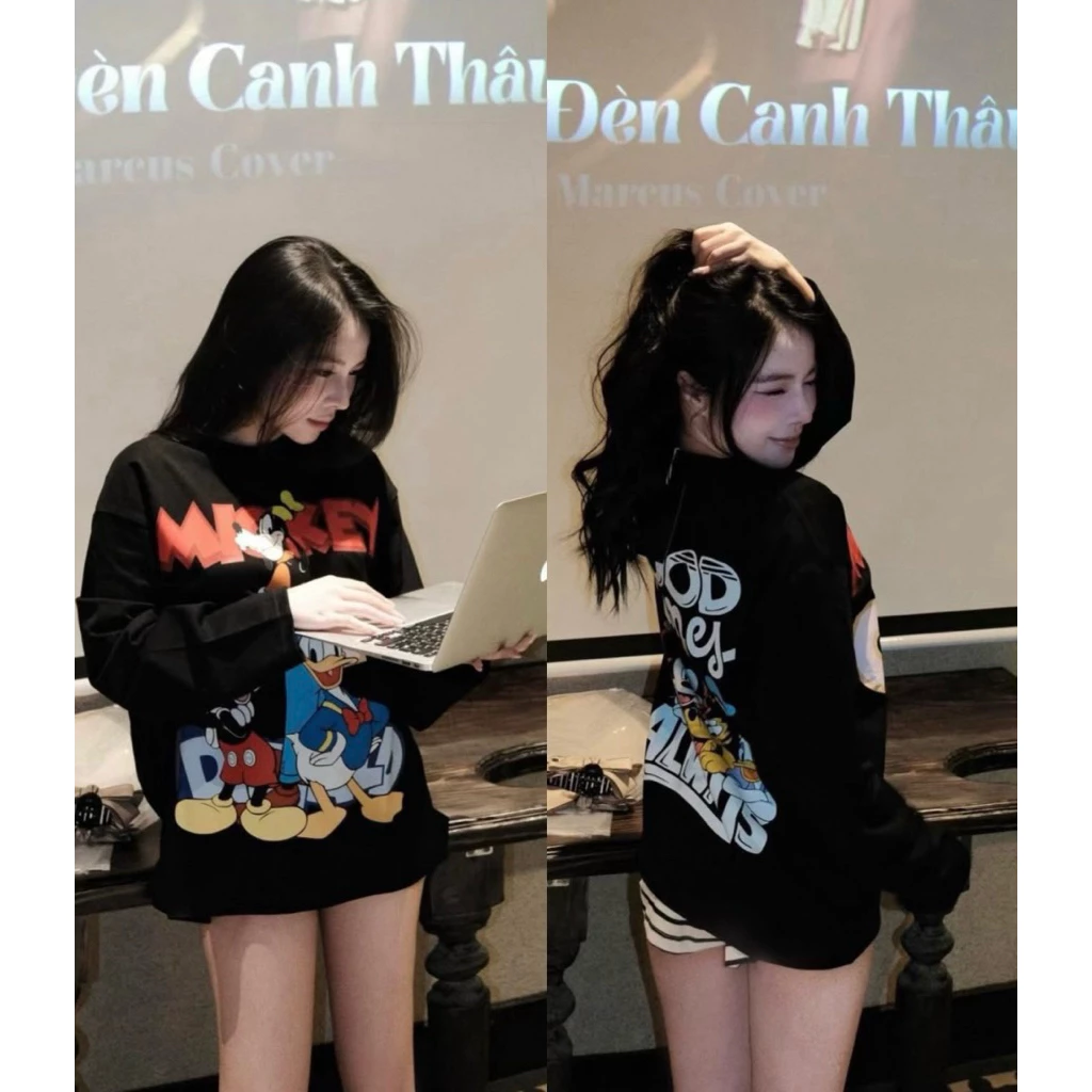 Áo Thun Tay Dài MICKEY Hình in 2 Mặt, Vải Đẹp Cotton Dày Dặn, Form Rộng Nam Nữ Cao Cấp