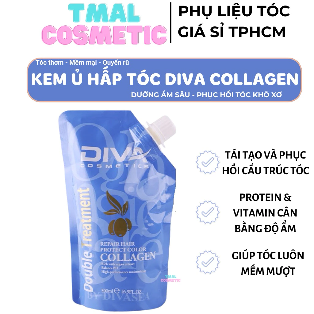 Kem ủ tóc collagen DIVA 500ml Hấp tóc phục hồi hư tổn với thành phần Collagen tự nhiên từ tảo