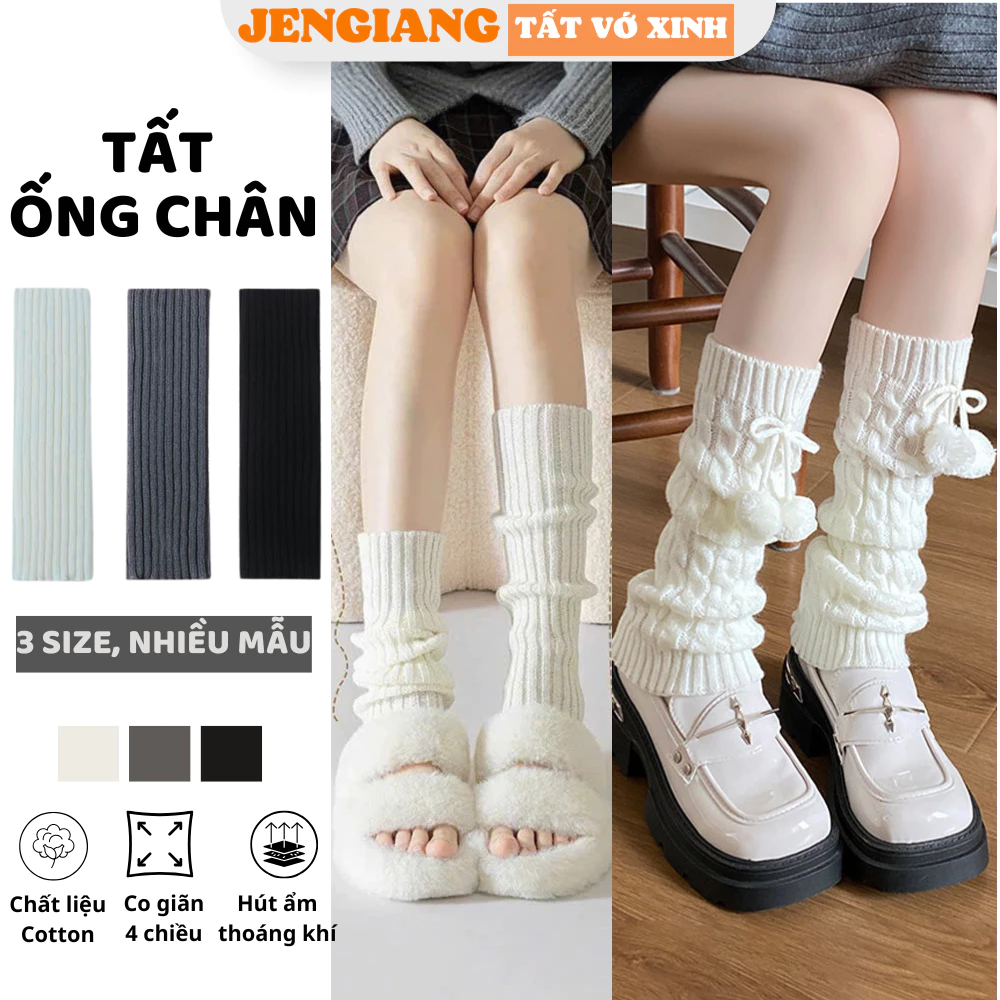 Tất ống chân dệt kim đen trắng giữ ấm chân mùa đông phong cách y2k Jengiang Lolita Nhật Bản