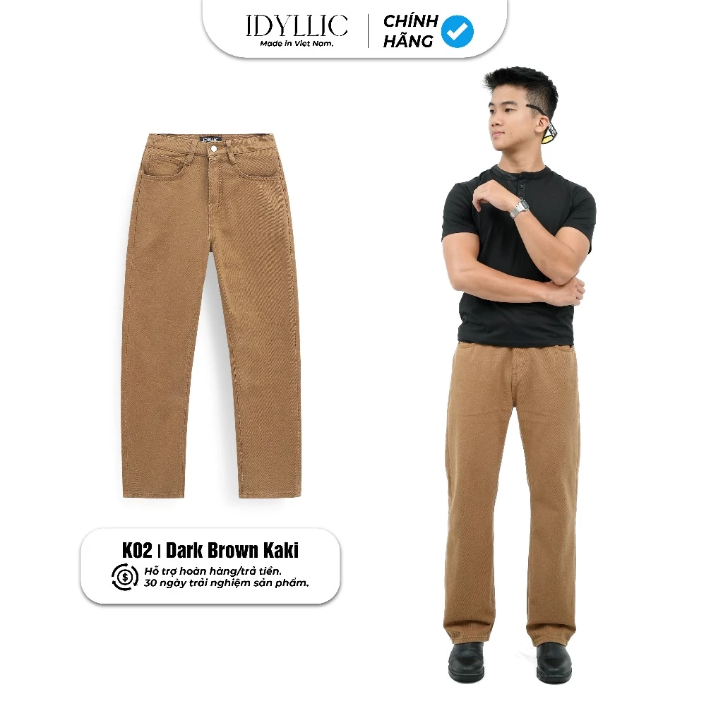 Quần Kaki Denim Nam Nữ IDYLLIC Suông Màu Nâu Đậm K02 Chất Kaki Denim  Form Tôn Dáng, Thanh Lịch