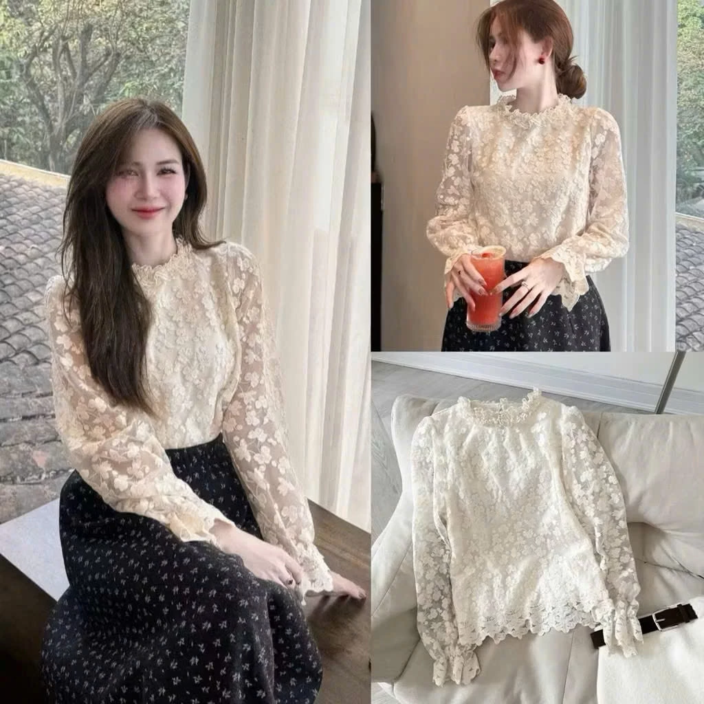 [HÀNG QC/LOẠI 1] ÁO SƠ MI CỔ BÈO REN HOA NỔI 2 LỚP DÀI TAY PHONG CÁCH TIỂU THƯ 2MONDAY A149