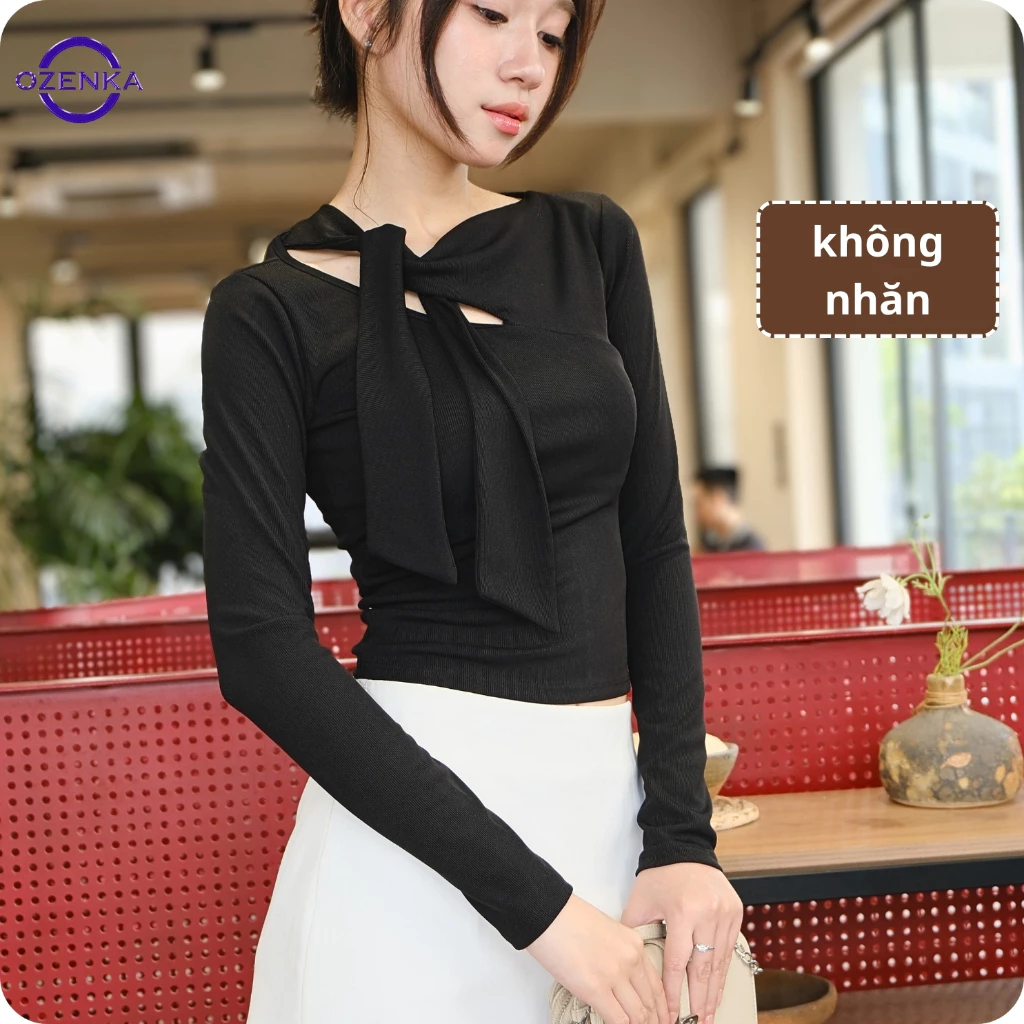 Áo Thun Babytee Kiểu Dài Tay thắt Nơ Khăn Thanh Lịch Ozenka - Áo Tăm Thu Đông Ôm Body thanh lịch Sang Chảnh Đen Trắng