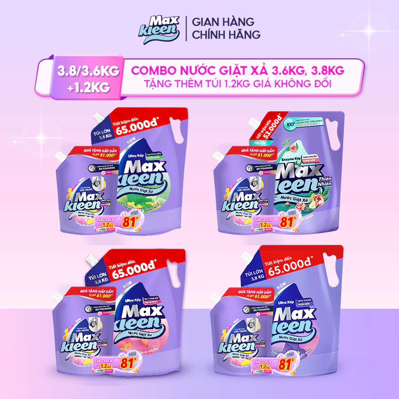 [LIVE] [MUA 1 TẶNG 1] Túi Nước Giặt Xả MaxKleen 3.8kg/ 3.6kg + Túi Nước Giặt Xả 1.2kg Mùi ngẫu nhiên