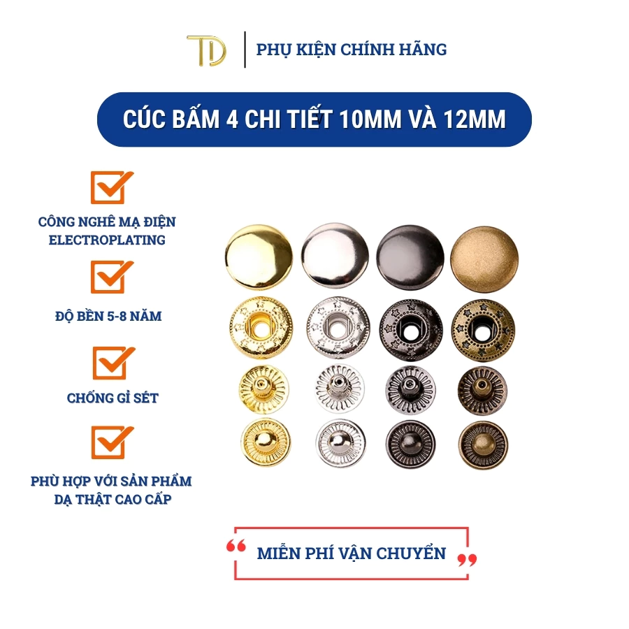 Set 5 nút bấm 4 chi tiết, cúc bấm kim loại làm túi xách da, quần áo, handmade 12mm độ bền 5-8 năm