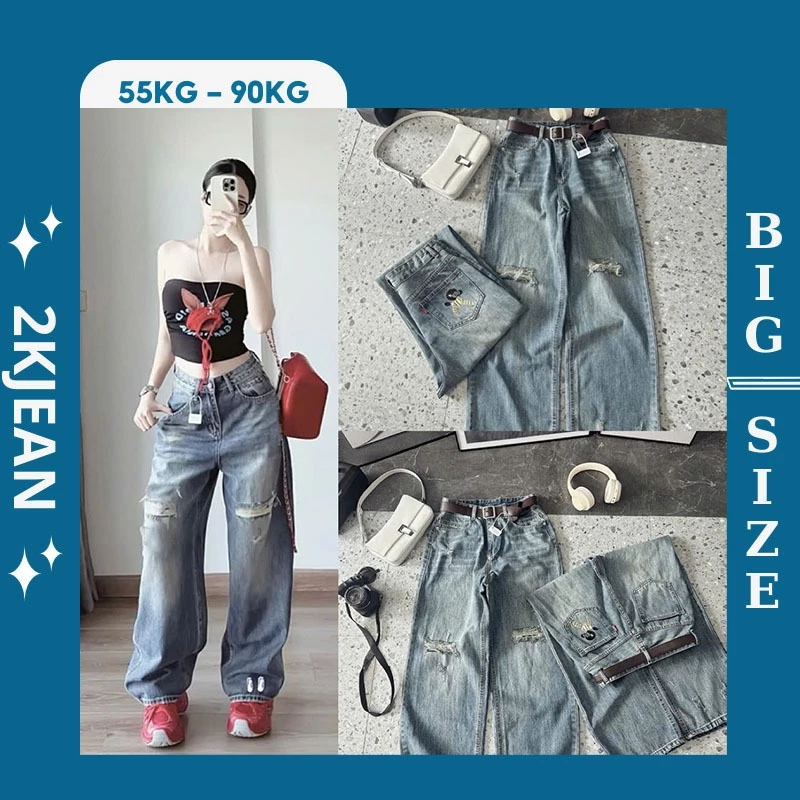 Quần suông ống rộng jean nữ rách Bigsize 55-90kg hàng QC cao cấp, kiểu dáng ống rộng rách thêu 2KJeans QC618
