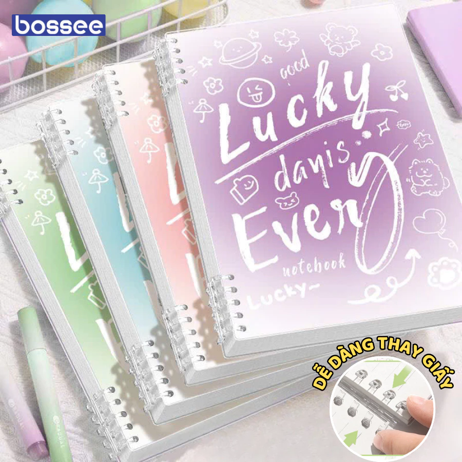 Sổ Còng Lucky Thay Được Giấy B5 120 Trang Bìa Nhựa PP 2 Lớp Giấy Kẻ Ngang/ Kẻ Caro Dày Dặn Không Thấm Mực