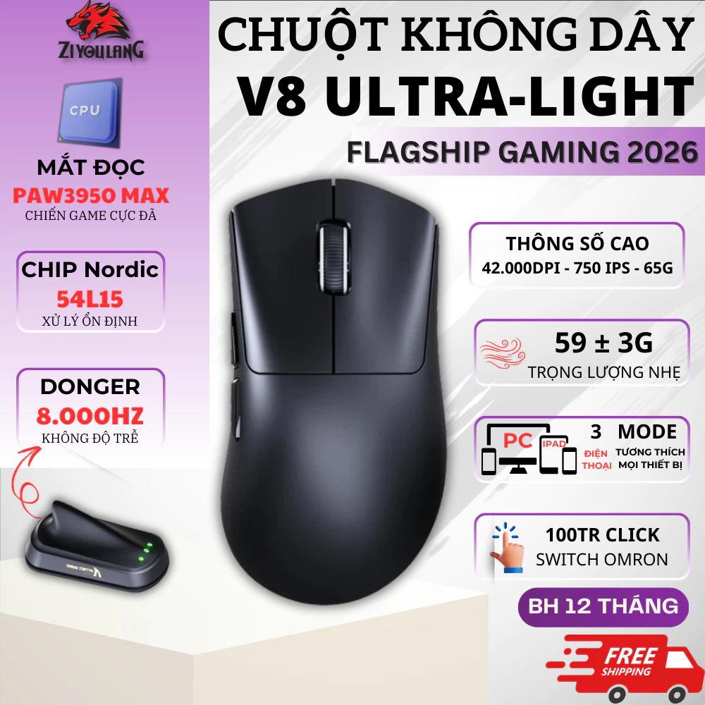 Chuột Gaming Không Dây Attack Shark V8 Ultra-Light - PAW3950MAX 42K DPI, Trọng Lượng Nhẹ 59g