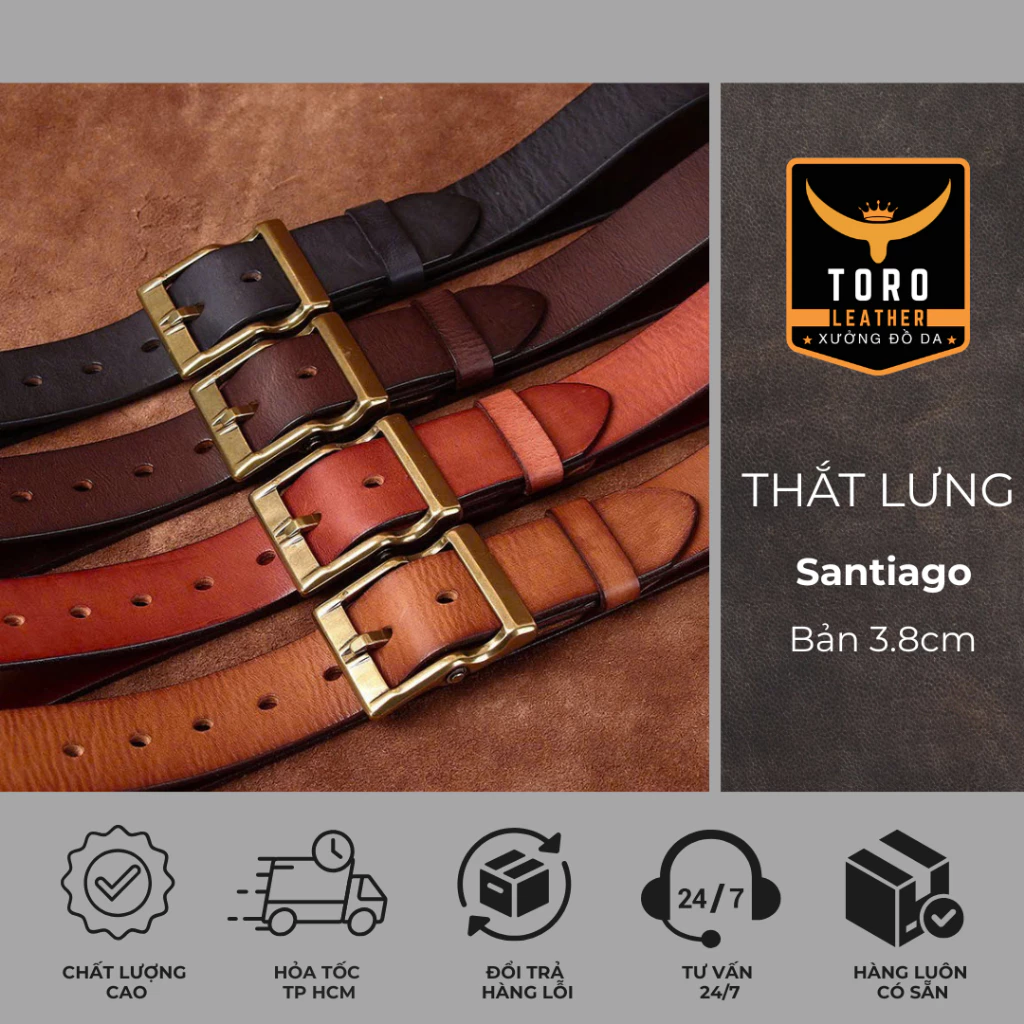 Thắt lưng Santiago (Bản 3.8cm) Dây nịt da thật 100% dày 4mm (Tặng đinh đóng lỗ) Bảo hành 5 năm
