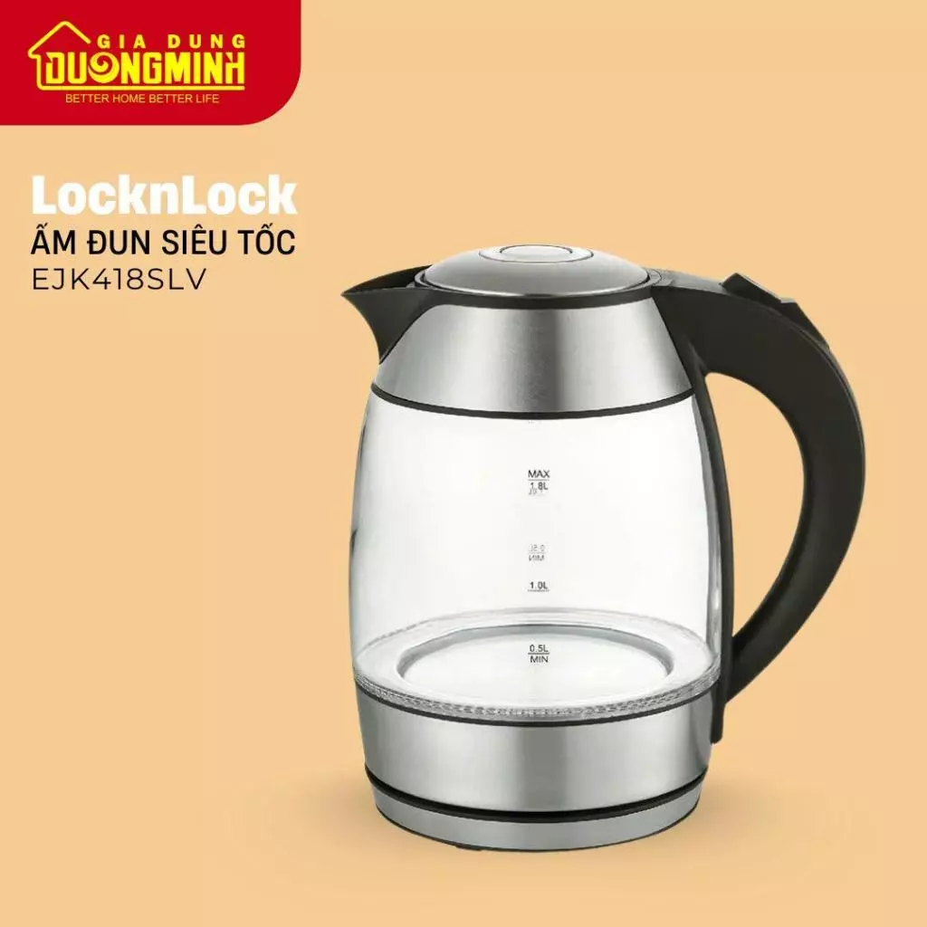 LocknLock Ấm Đun Siêu Tốc Thủy Tinh EJK418SLV 1.8L 1850W - Thủy Tinh Chịu Nhiệt & Thép Không Gỉ - Gia Dụng Dương Minh