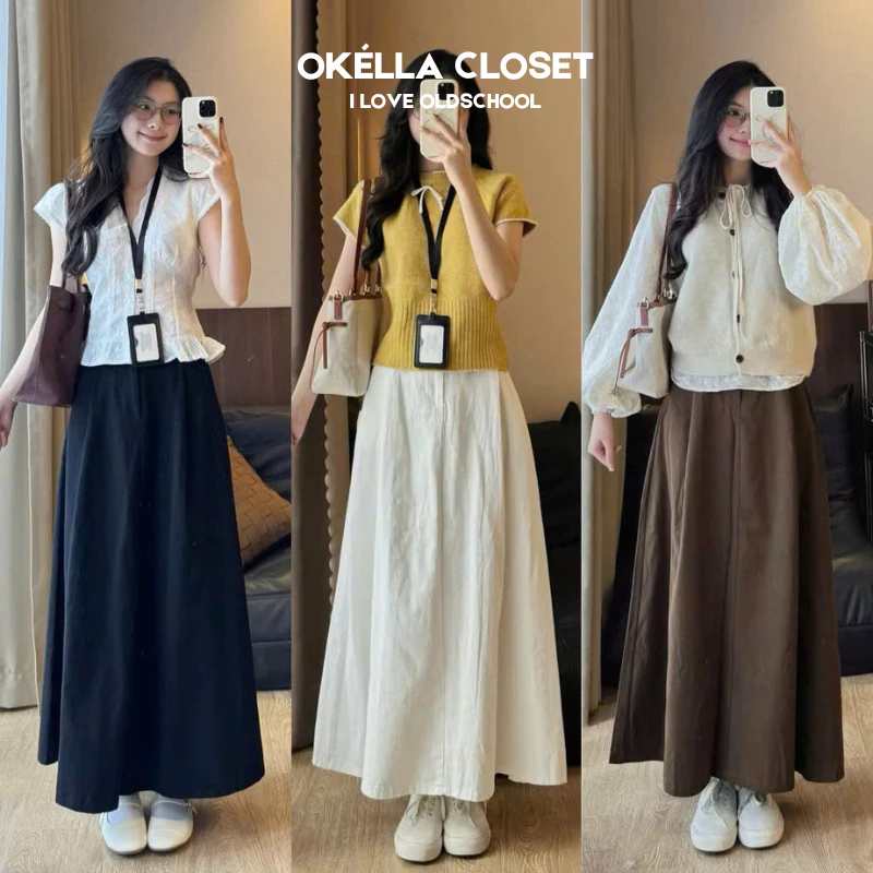 [SẴN_Dày Dặn] Chân Váy Dài Kaki Thô Basic Vintage nhiều màu, Chân váy Midi dáng dài lưng chun Okélla