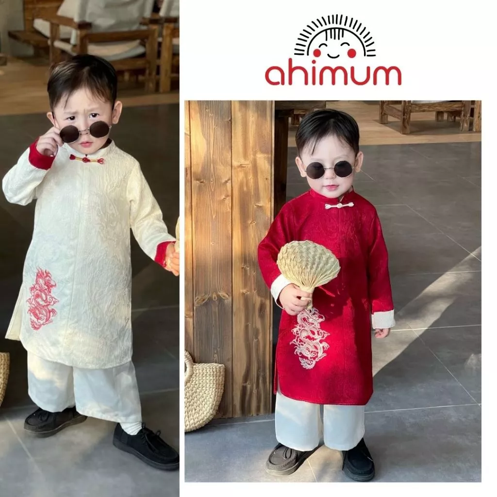 Áo dài bé trai Tết Long Hạ gấm vân hoa dệt nổi cao cấp thêu Rồng Mây cho bé trai 1–10 tuổi LẺ ÁO