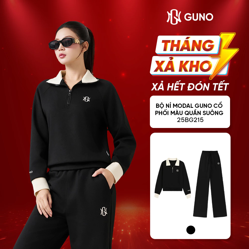 Bộ Quần Áo Thu Đông Nữ GUNO Nỉ Modal Cao Cấp Cổ Khoá Phối Màu Kèm Quần Suông Logo Thêu SP5 25BG215