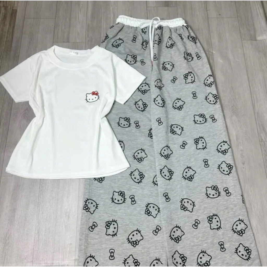 Sét Áo Crotop Logo Mèo Kitty Mix Kèm Quần Dài Cạp Trắng Mèo Kitty Chất Thun Cotton Mềm Cao Cấp