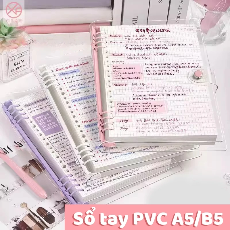 Sổ Còng Bìa Mềm Trong Suốt  Pastel A5/B5 M.Y Không Đau Tay, Sổ Ghi Chép Còng Sắt Giấy Kẻ Ngang/Caro