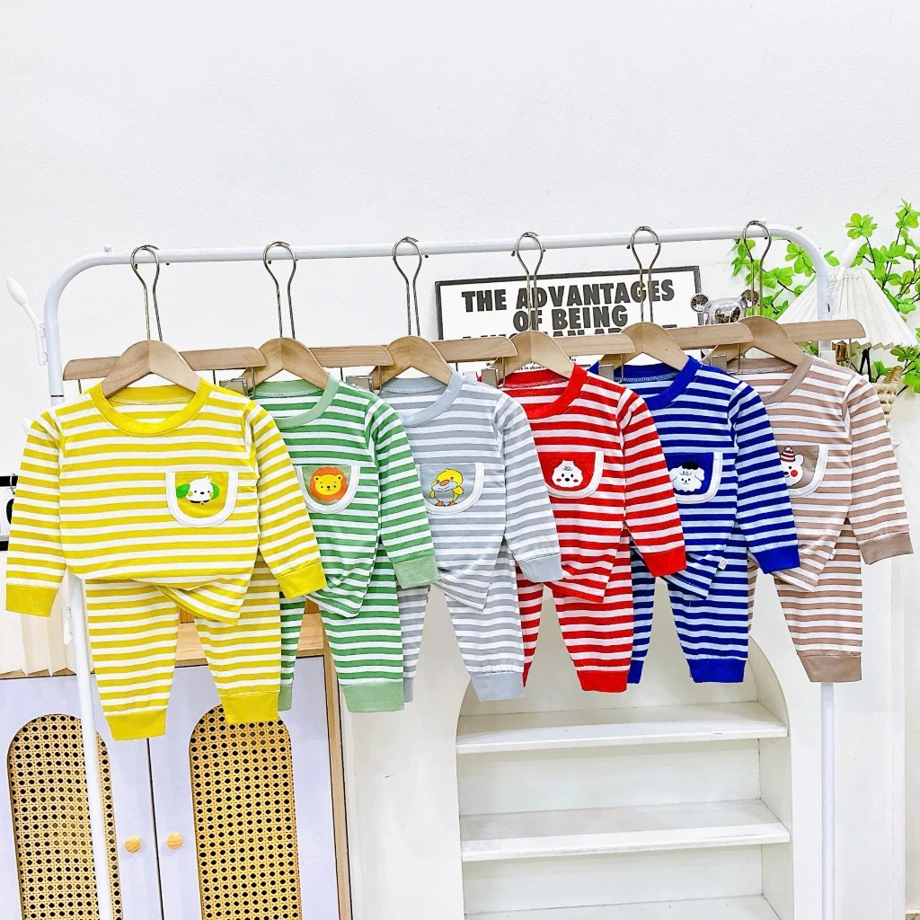 Bộ thun lạnh dài tay sọc to có túi in hình cho bé từ 7-16kg