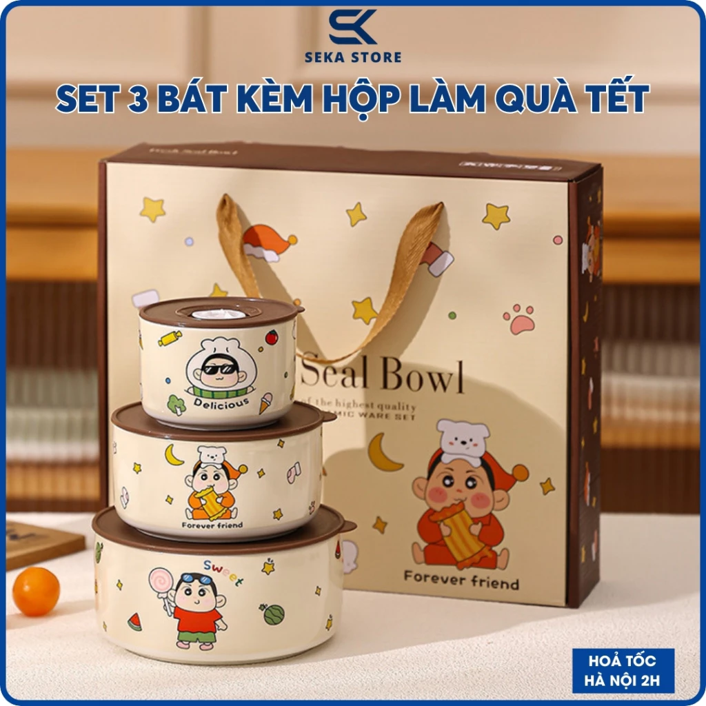 [TẶNG KÈM HỘP] Combo Set 3 Bát Sứ Cao Cấp Làm Quà Tặng Hình Nơ, Shin, Capybara, Mèo Có Nắp Hút Chân Không Đóng Xốp