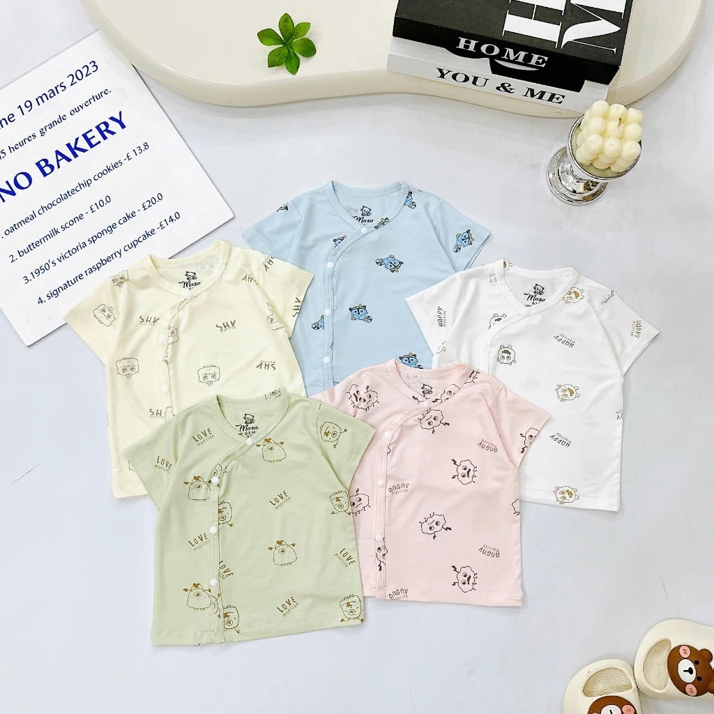Combo 3-5 Áo Sơ Sinh Cộc Tay Mazakids Khuy Bấm, Chất Vải Petit Mềm Mỏng Mát Cho Bé Sơ Sinh