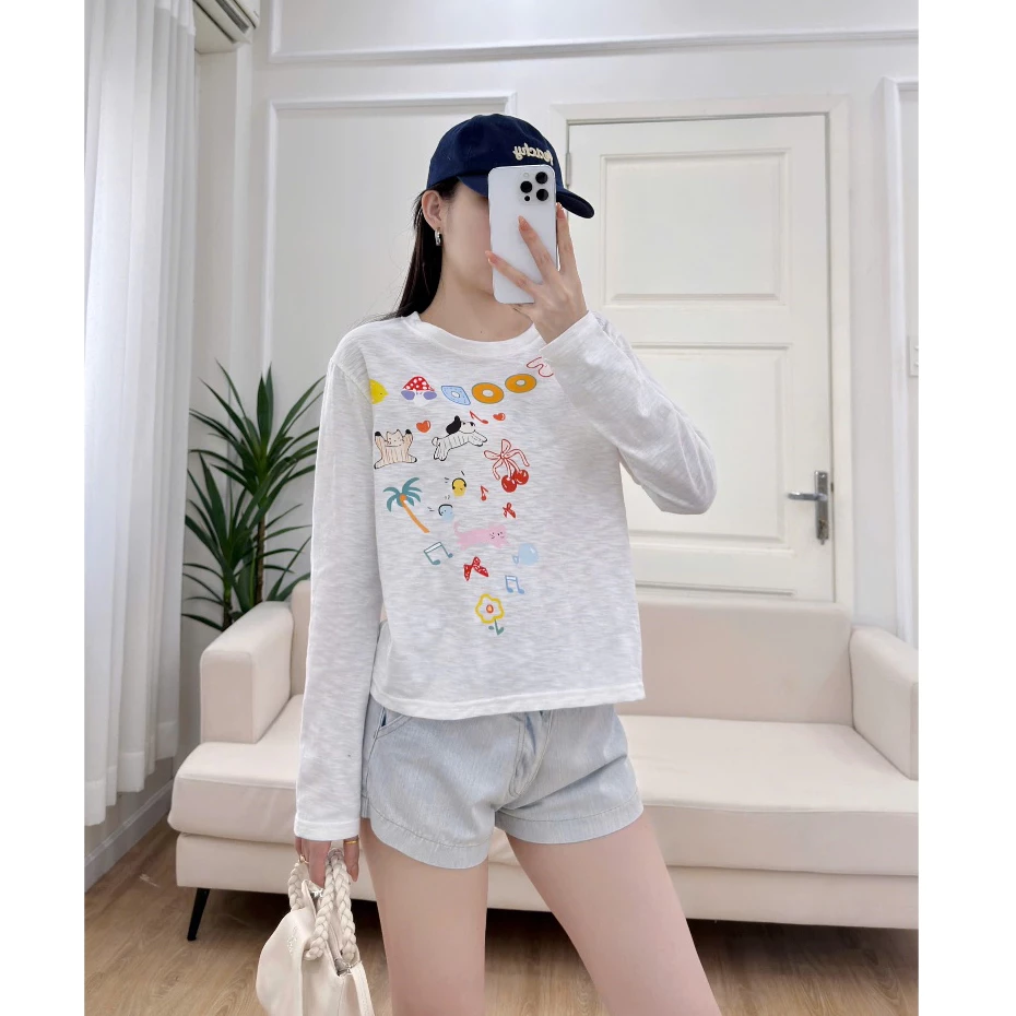 Áo thun nữ tay dài dáng lửng MENINA, áo thun dài tay nữ chất xược dáng lửng in hình thời trang.