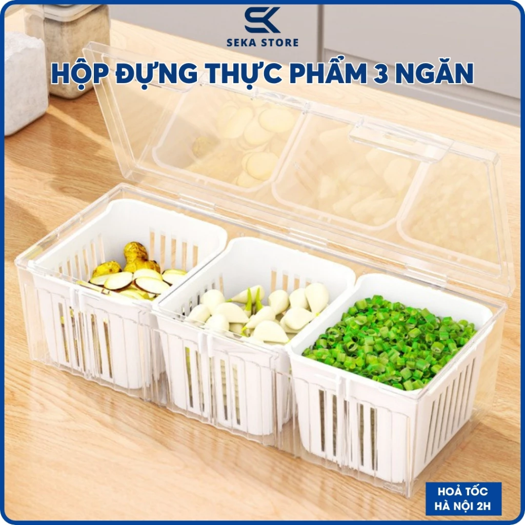 Hộp Bảo Quản Rau Củ Thông Minh 3 Ngăn Có Nắp Để Tủ Lạnh, Giữ Tươi Lâu