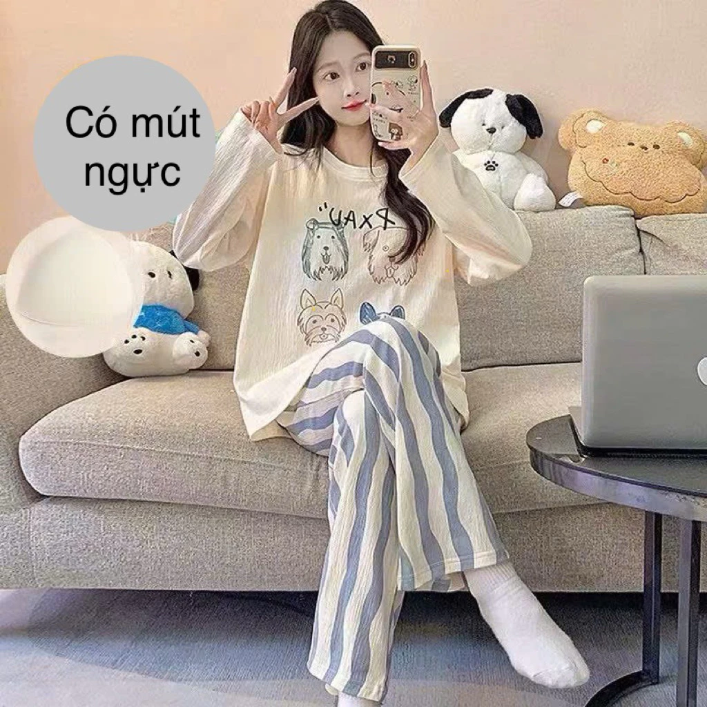 Đồ Bộ Tay Dài Nữ Có Đệm Ngực – Đồ Ngủ Mặc Nhà Mềm Mịn, Kín Đáo, Thoải Mái, Chất Mềm Mát, Form Rộng Dễ Thương