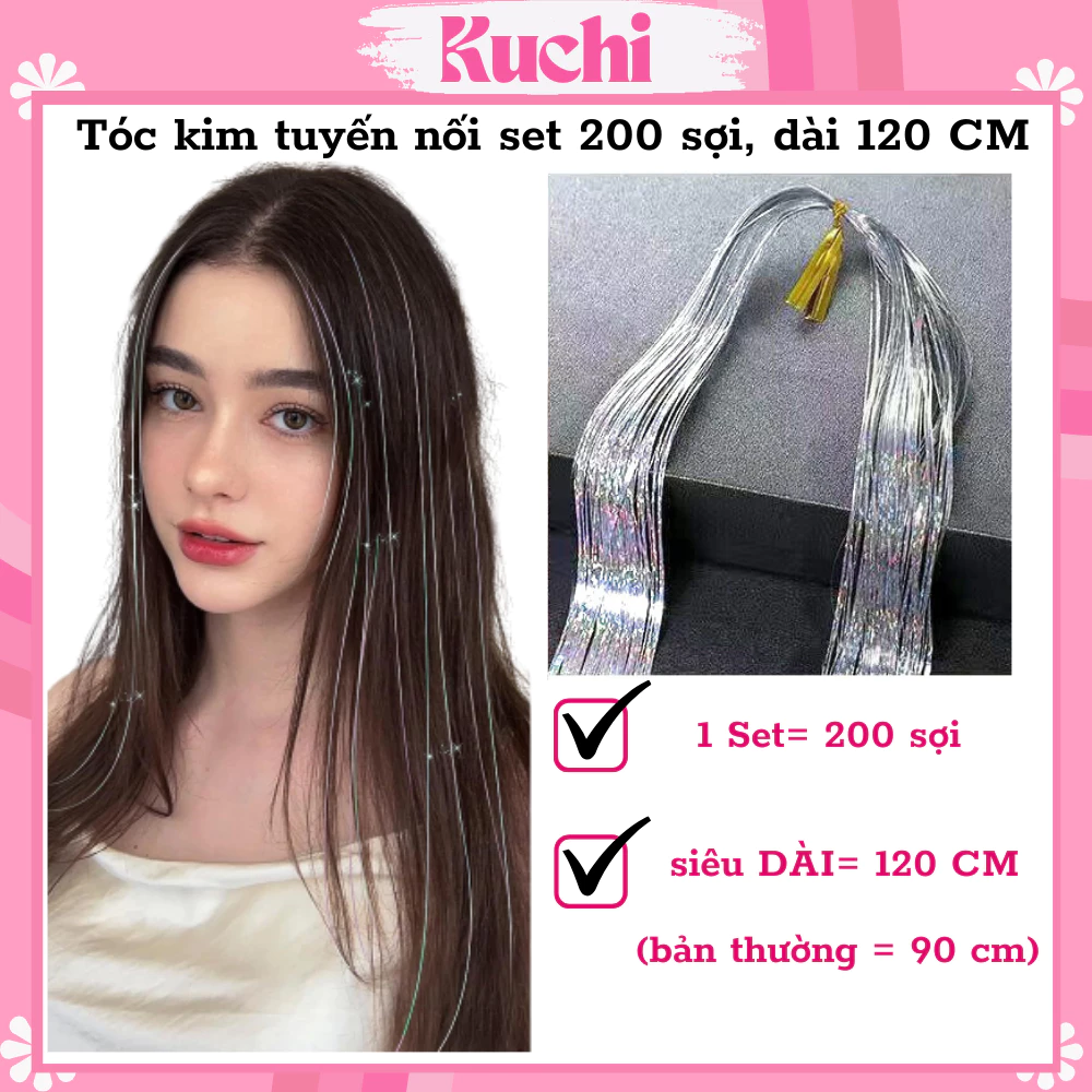 Tóc kim tuyến, sợi kim tuyến nối tóc, light kim tuyến chịu nhiệt, siêu dài 120 cm, set 200 sợi