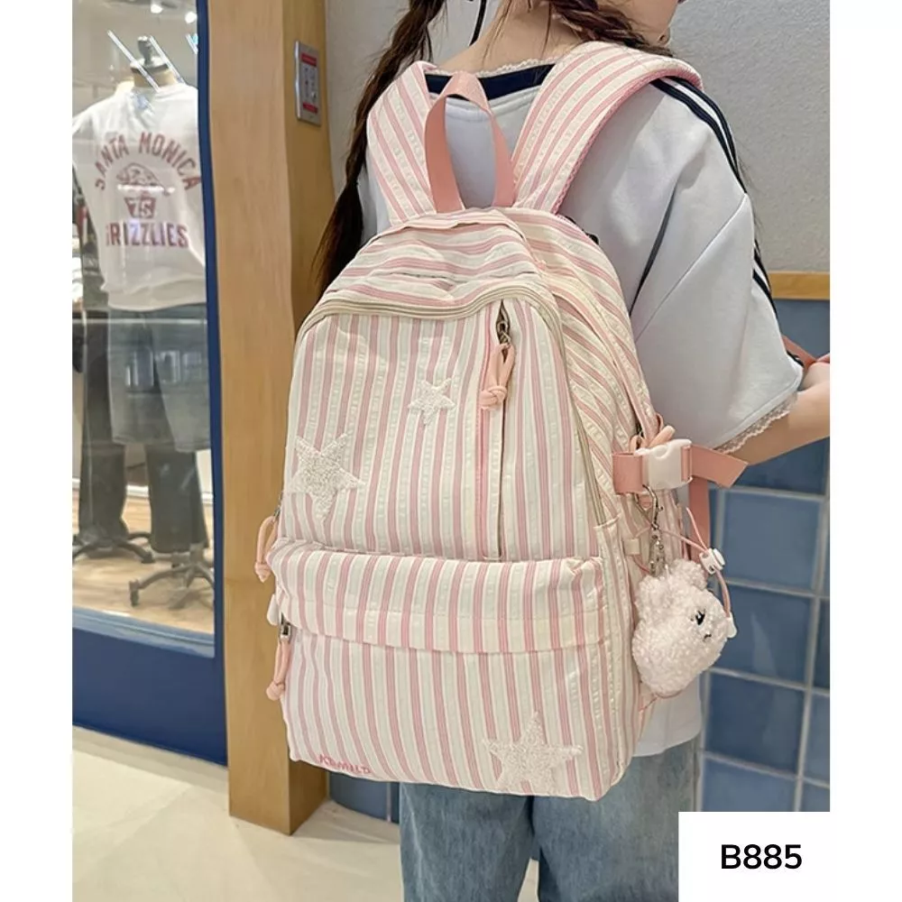 Balo đi học  nhiều ngăn vải sọc cho học sinh ,sinh viên phong cách thời trang Ulzzang B885 gagastore