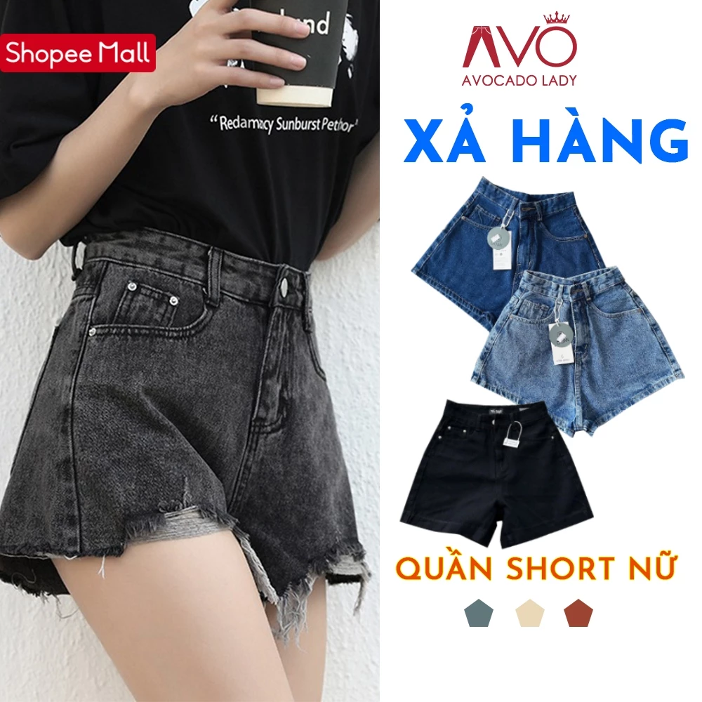 ( XẢ HÀNG ) Quần Short Sọ ngắn Jeans Bò rách Nữ Cạp Cao Ống Rộng Avo Avocado cạp 1 cúc và 2 cúc