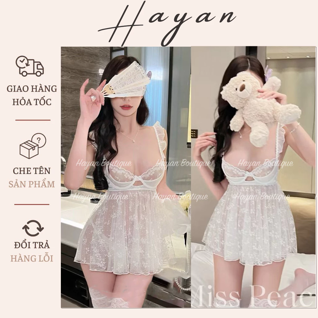 HT254 Váy ngủ sexy 2s cánh tiên hoa nhí cúp v1 có GỌNG, đồ ngủ ren xuyên thấu dáng xoè HT254