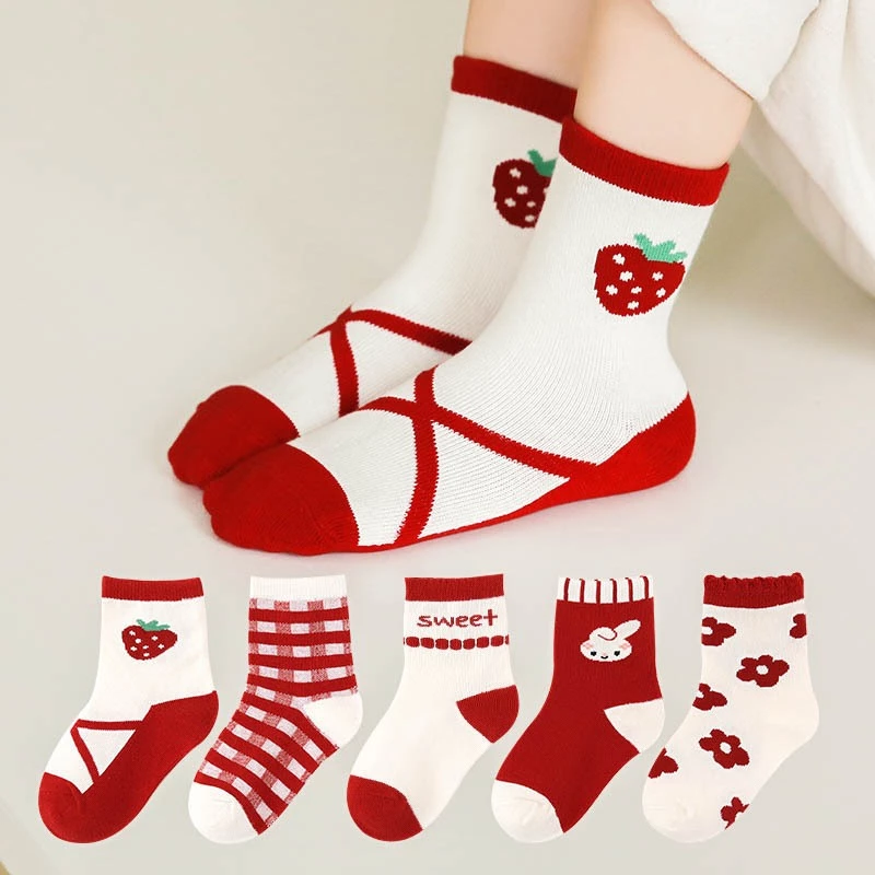 (Set 5 đôi) Tất chân cao cổ cho trẻ em chất liệu dệt kim từ cotton, tất bé gái 1-12 tuổi nhiều màu họa tiết đáng yêu