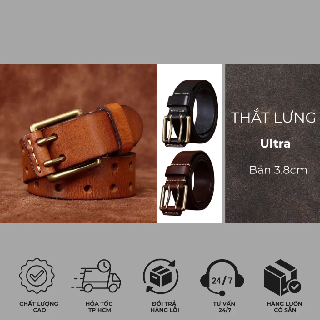Thắt lưng Ultra (Bản 3.8cm) Dây nịt da thật 100% (Tặng đinh đóng lỗ) Bảo hành 5 năm