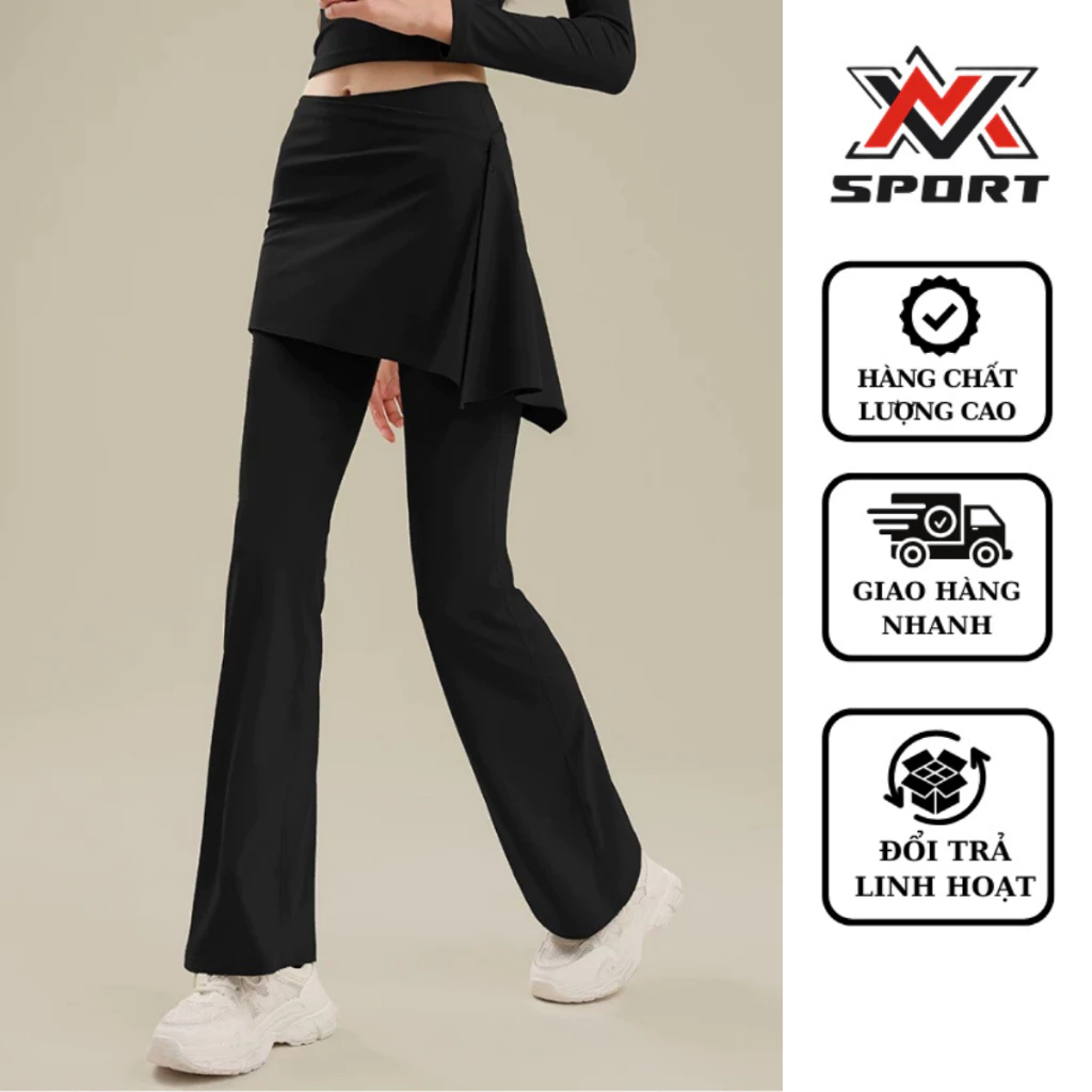 Quần Dài Phối Váy Tập Gym Yoga Nữ MVSPORT – Quần 2in1 Che Khuyết Điểm, Ống Loe Hack Dáng [K218]