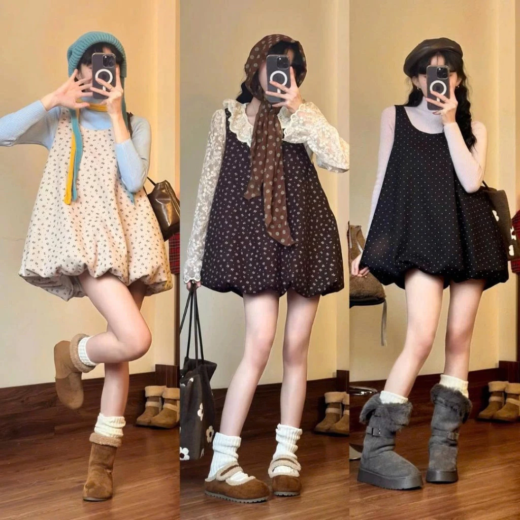 Váy Bí Dáng Phồng Chất Dạ Mềm Họa Tiết Hoa Nhí Bi Xinh Xắn Không Kèm Áo Trong Vintage Floral Bubble Dress
