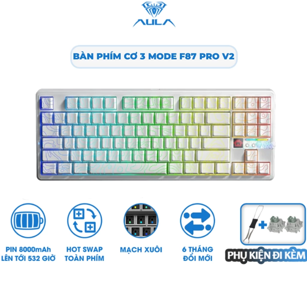 Bàn Phím Cơ 3 Mode AULA F87 PRO V2 Pin 10.000mAh Không Dây Mạch Xuôi Hotswap Kết Nối Bluetooth USB 2.4G