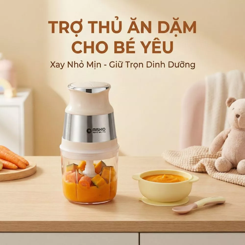 Máy Xay Cháo Ăn Dặm Cho Bé Mishio MK389 Đa Năng Chuyên Xay Đồ Ăn Dặm, Gia Vị, Đồ Khô, Công Suất 250W, Dung Tích 0.8 lít